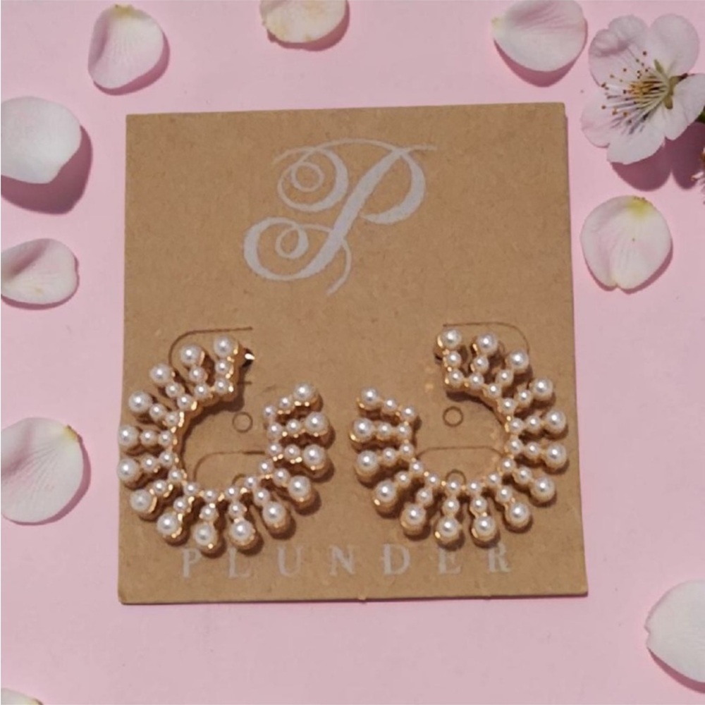 Plunder Gold Pearl Halo Hoop Earrings - Cream Pearls (NIP)